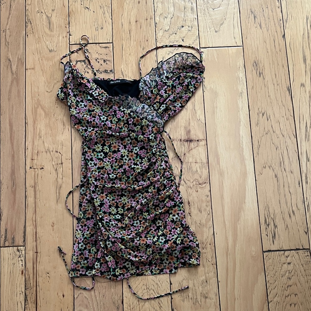 Bershka Floral Mesh Dress with Ruched Details
